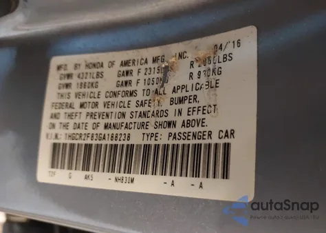 2016 Honda Accord Ex-L из США, поврежденный, VIN 1HGCR2F83GA188238